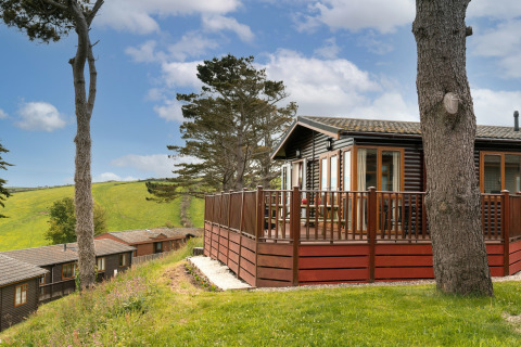 Whitsand Bay Lodge blokhut met houten terras, omgeven door bomen en glooiende groene heuvels.