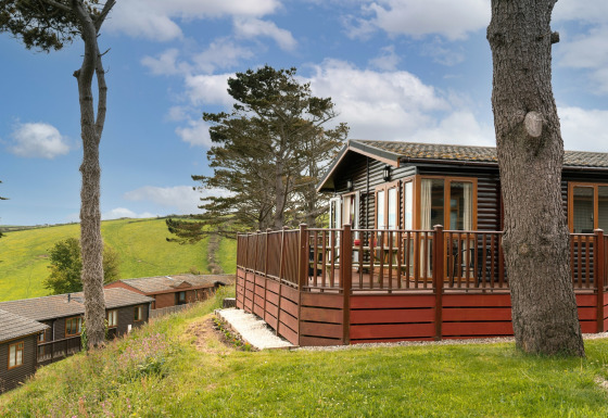 Whitsand Bay Lodge blokhut met houten terras, omgeven door bomen en glooiende groene heuvels.