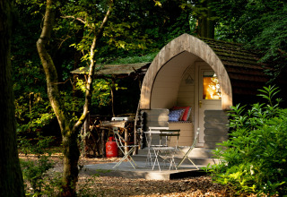 Daisy Glamping Pod in een Brits bos, met een knus terras en tuinmeubilair in het zonlicht.