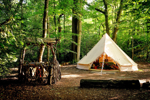 Tenda marocchina a campana in una foresta verde, interno accogliente visibile e pozzo in legno rustico davanti.