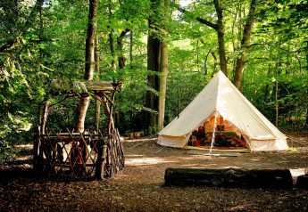 Tenda marocchina a campana in una foresta verde, interno accogliente visibile e pozzo in legno rustico davanti.
