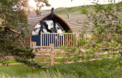 Pod de glamping en bois avec terrasse clôturée à Blackcleugh Glamping, Royaume-Uni, entouré de verdure.