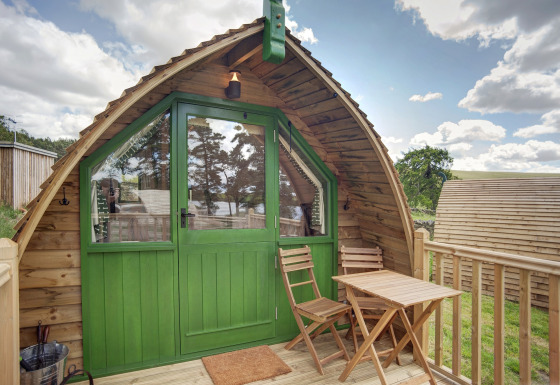 Een houten pod met groene deuren, klein terras, twee stoelen en een tafel, omringd door natuur.
