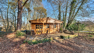 Houten chalet genaamd Woodland Lodge met terras en stoelen, midden in een bosrijke omgeving.
