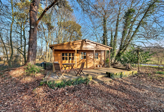 Wooden chalet named Woodland Lodge with terrace and chairs, nestled in a forest clearing on a sunny day.