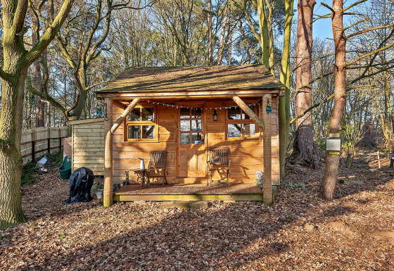 Træchalet kaldet Cedar Lodge, omgivet af træer i en skovklædt natur, med veranda og træstole foran.