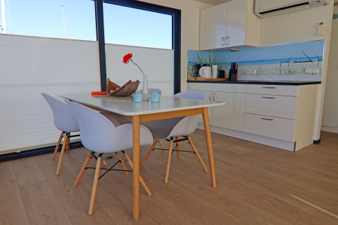 Bright dining area and modern kitchen on the Houseboat 'Family & Friends LP 4' in Germany, cozy design.