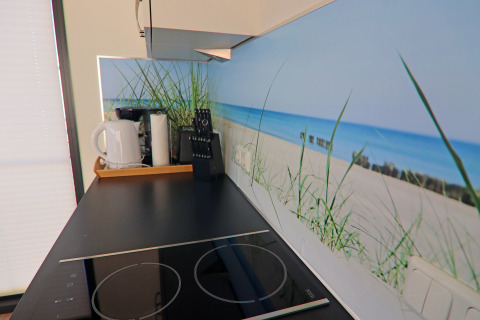 Modern kitchen countertop with black cooktop, kettle, and beach-themed wall art in a German houseboat.