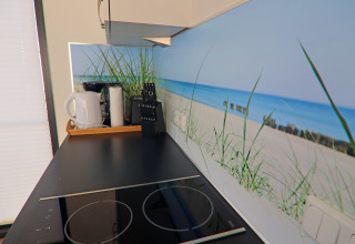 Modern kitchen countertop with black cooktop, kettle, and beach-themed wall art in a German houseboat.
