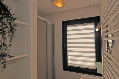 Baño en una casa flotante en Alemania con ventana, persianas, ducha, estantes y planta decorativa.