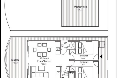 Plano de la casa flotante 'Family & Friends LP 4 / 3 Personen' con terraza y habitaciones en Alemania.