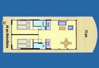 Floor plan of a houseboat displaying two bedrooms, bathroom, kitchen, and a living-dining area on deck.
