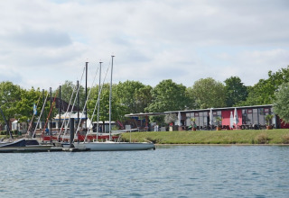Foto von Hausboot am Ufer mit mehreren Segelbooten, modernen Gebäuden und grüner Baumlandschaft.