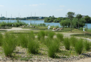 Blick auf einen Minigolfplatz am Seeufer mit grüner Bepflanzung, Bäumen und Wasser im Hintergrund.