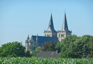 Eine historische Burg mit zwei markanten Türmen ragt hinter Feldern und Bäumen am klaren Tag hervor.