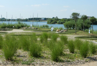 Udsigt over søen fra en husbåd med grønne planter, små træer og golfbaner i Tyskland.