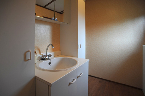 Moderne wastafel met witte kast en spiegel in de badkamer van chalet Waldferienpark Gerolstein 2, Duitsland.