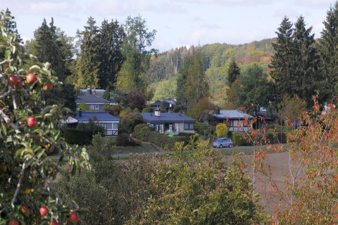 Zicht op Waldferienpark Gerolstein 2 in Duitsland, met omliggende bomen en charmante chalets.