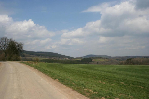Landschapsbeeld nabij Waldferienpark Gerolstein 2 in Duitsland met weg, groene velden en verre heuvels.