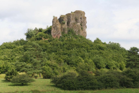 Oude kasteelruïne op een groene heuvel vlakbij Waldferienpark Gerolstein 2 in Duitsland.