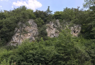 Uitzicht op beboste rotsen bij Waldferienpark Gerolstein 2, omgeven door dichte natuur in Duitsland