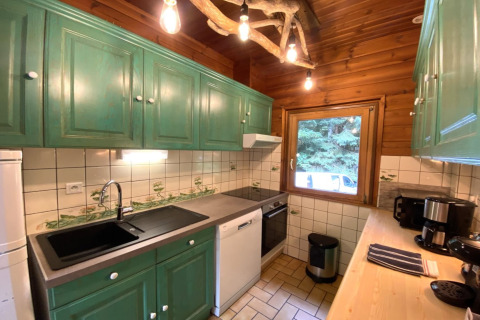 Cozy kitchen in LE FISHING LODGE wooden chalet in France with green cabinets and forest view window.