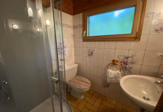 Badkamer van het LE FISHING LODGE chalet in Frankrijk met douche, toilet en bloemrijke tegels.