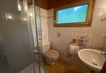 Badkamer in LE FISHING LODGE chalet in Frankrijk met douche, toilet, wastafel en bloemmotief tegels.