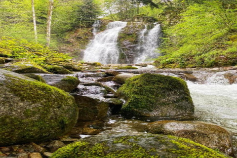 Foto di una cascata tra rocce ricoperte di muschio vicino allo chalet 'Ronds Chetys' in Francia.