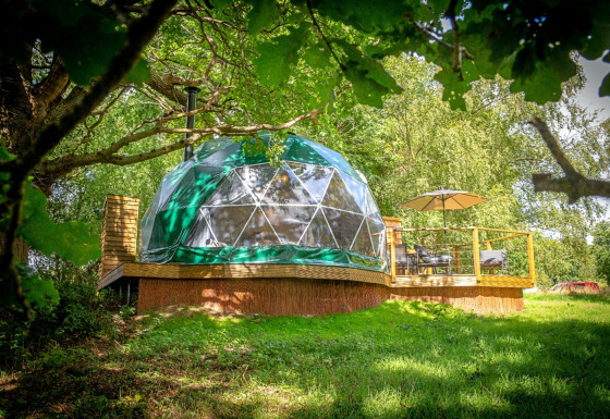 Chartwell Luxury Dome in het bos, met houten terras, parasol en zicht op een prachtig groene natuurlijke omgeving.