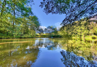 Beautiful view of a calm lake surrounded by green trees, under a dome with vibrant sky reflections in water.
