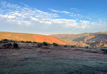 Heuvelachtig landschap met groene en roodbruine tinten onder een blauwe lucht met lichte wolken.