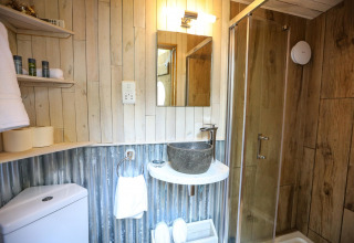 Badeværelse i en dome med trævægge, bruser, toilet, sten-håndvask og rustikke indretningselementer.