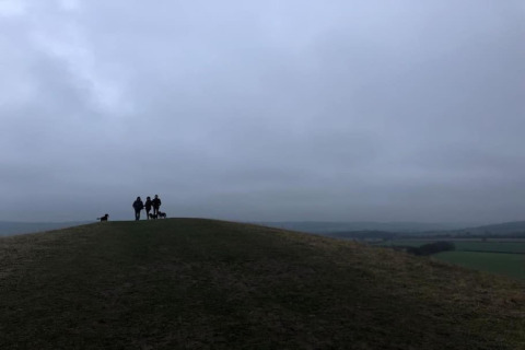Silhouetten van drie personen en twee honden op een heuvel onder een bewolkte lucht bij The Highland Camping Pod.