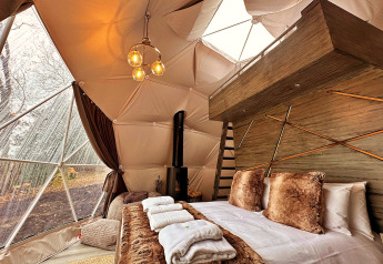 Luxe interieur van Ashdown Luxury Dome in het VK met knus bed, grote ramen en uitzicht op het bos.