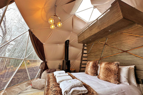 Luxury interior of Ashdown Luxury Dome in the UK featuring a cozy bed, fur pillows, and forest window view.