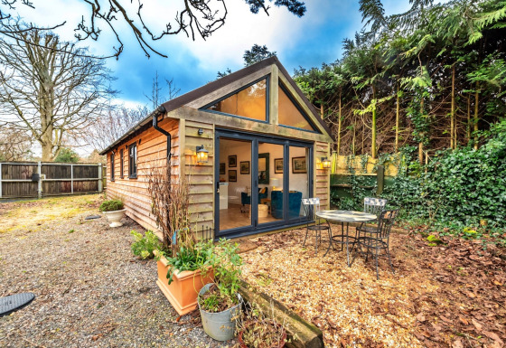 Casa mobile South Downs Lodge rivestita in legno, tavolo esterno e giardino circondato da alberi.
