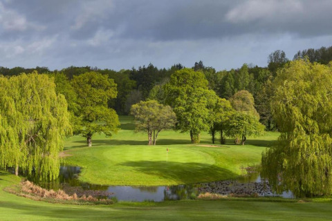 Vista di un campo da golf verde con alberi rigogliosi e uno stagno presso South Downs Lodge, Regno Unito.