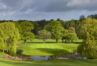 Vista di un campo da golf verde con alberi rigogliosi e uno stagno presso South Downs Lodge, Regno Unito.