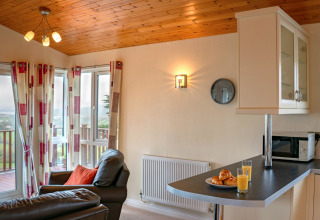 Woonruimte in Whitsand Bay Lodge met leren stoelen, grote ramen, ontbijt en uitzicht op de natuur.