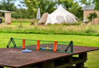Set da ping pong su tavolo di legno all’aperto, con grande tenda teepee sul prato sullo sfondo.