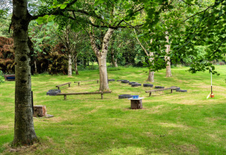 Area verde all'aperto con alberi, pneumatici e panche vicino a Oak Lotus Belle Tent, nel Regno Unito.