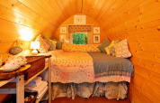 Cozy interior of Daisy Glamping Pod in the UK featuring wooden walls and a plush, inviting bed.