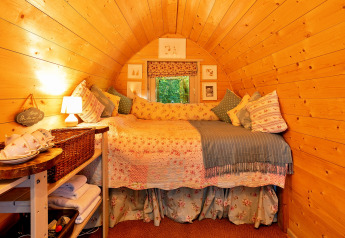 Cozy interior of Daisy Glamping Pod in the UK featuring wooden walls and a plush, inviting bed.