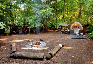 Kampvuurplek met brandend vuur, boomstamzitplaatsen en Daisy Glamping Pod in een Brits bos.