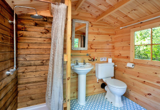 Badkamer met houten wanden, douche, wastafel en toilet in Daisy Glamping Pod, Verenigd Koninkrijk.