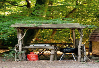 Outdoor kitchen with grill, gas bottle and wooden shelter in woods at Daisy Glamping Pod, United Kingdom.
