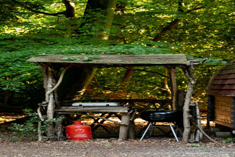 Buitenkeuken met barbecue, gasfles en houten overkapping in het bos bij Daisy Glamping Pod, Verenigd Koninkrijk.