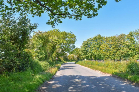 Country road surrounded by lush green trees under a clear blue sky near Lilypad Bell Tent, United Kingdom.