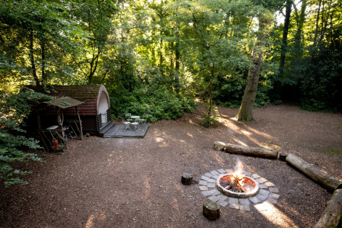 Glamping-pod in het bos met kampvuur, houten zitbanken en buitenterras in het daglicht.